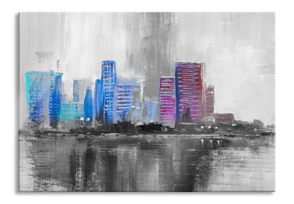 Pixxprint Abstraktes Ölgemälde einer Skyline B&W Detail, Glasbild