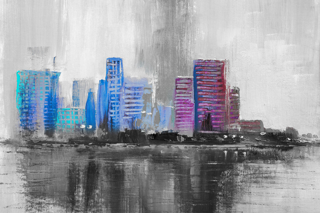 Abstraktes Ölgemälde einer Skyline B&W Detail, Glasbild