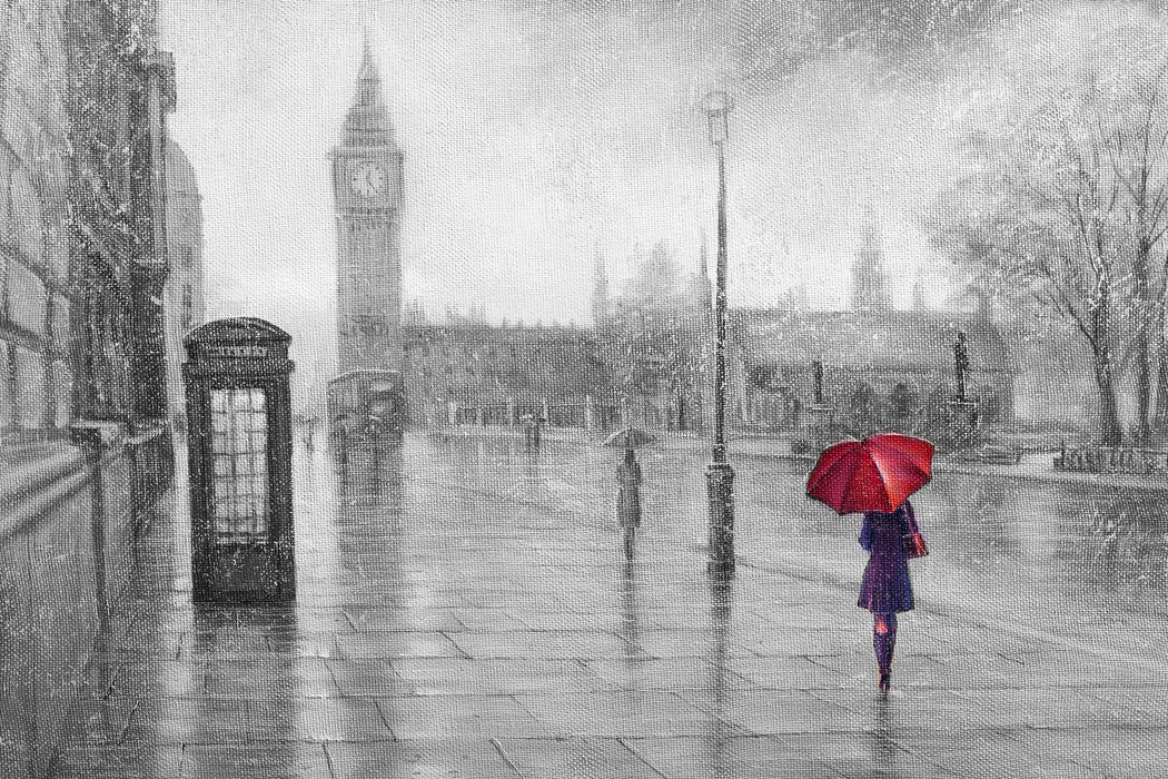 Regentag in London mit Big Ben B&W Detail, Glasbild