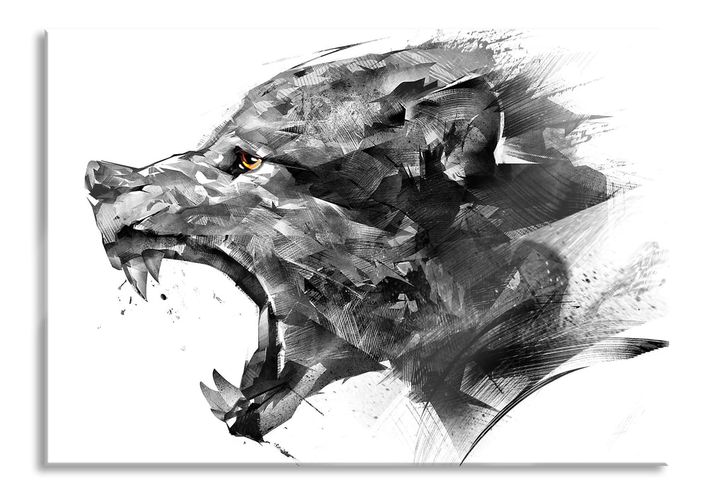 Abstrakter Wolfskopf im Profil B&W Detail, Glasbild