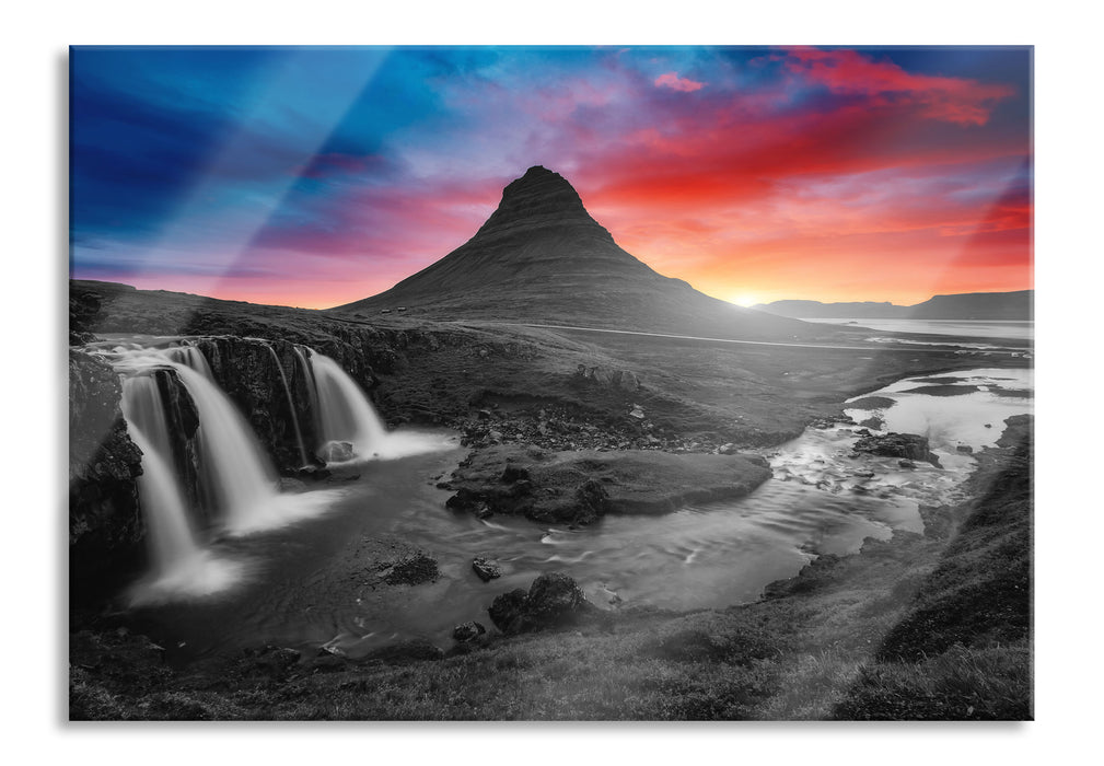 Pixxprint Kirkjufell Vulkan im Sonnenuntergang B&W Detail, Glasbild