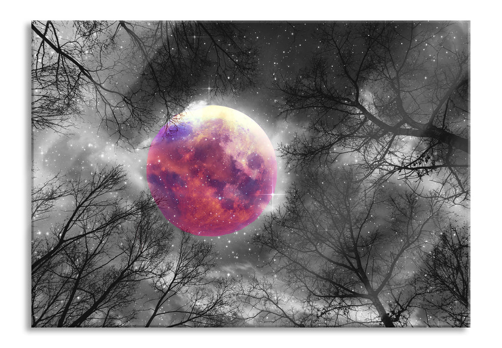 Pixxprint Farbenvolle Sternennacht bei Vollmond B&W Detail, Glasbild