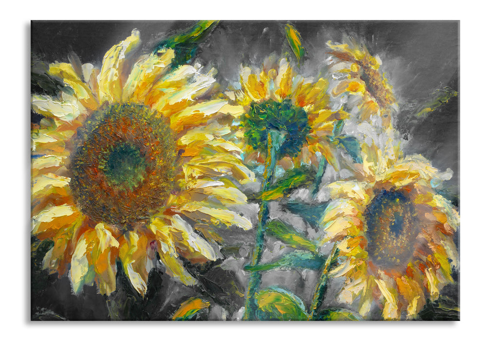 Sonnenblumen vor blauem Hintergrund B&W Detail, Glasbild