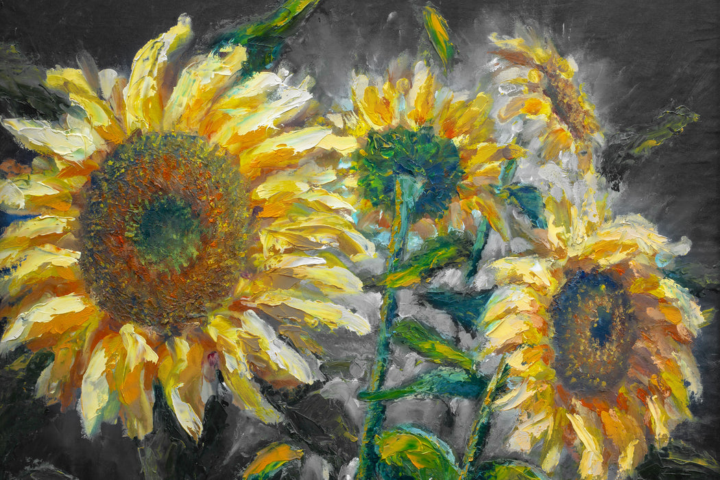 Sonnenblumen vor blauem Hintergrund B&W Detail, Glasbild