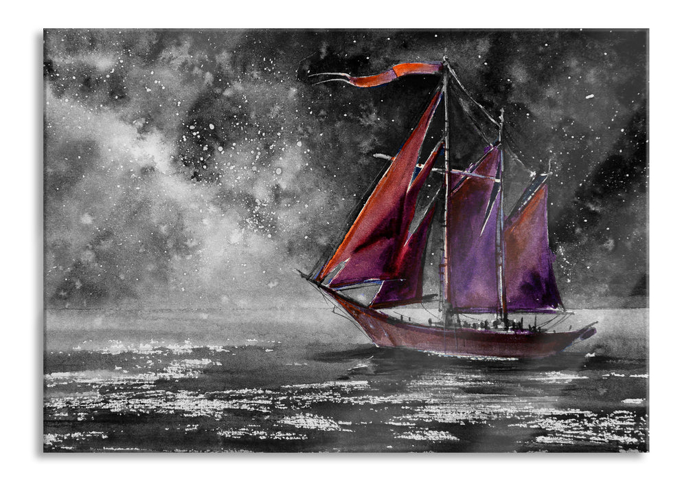 Pixxprint Rotes Segelboot in Sternenheller Nacht B&W Detail, Glasbild