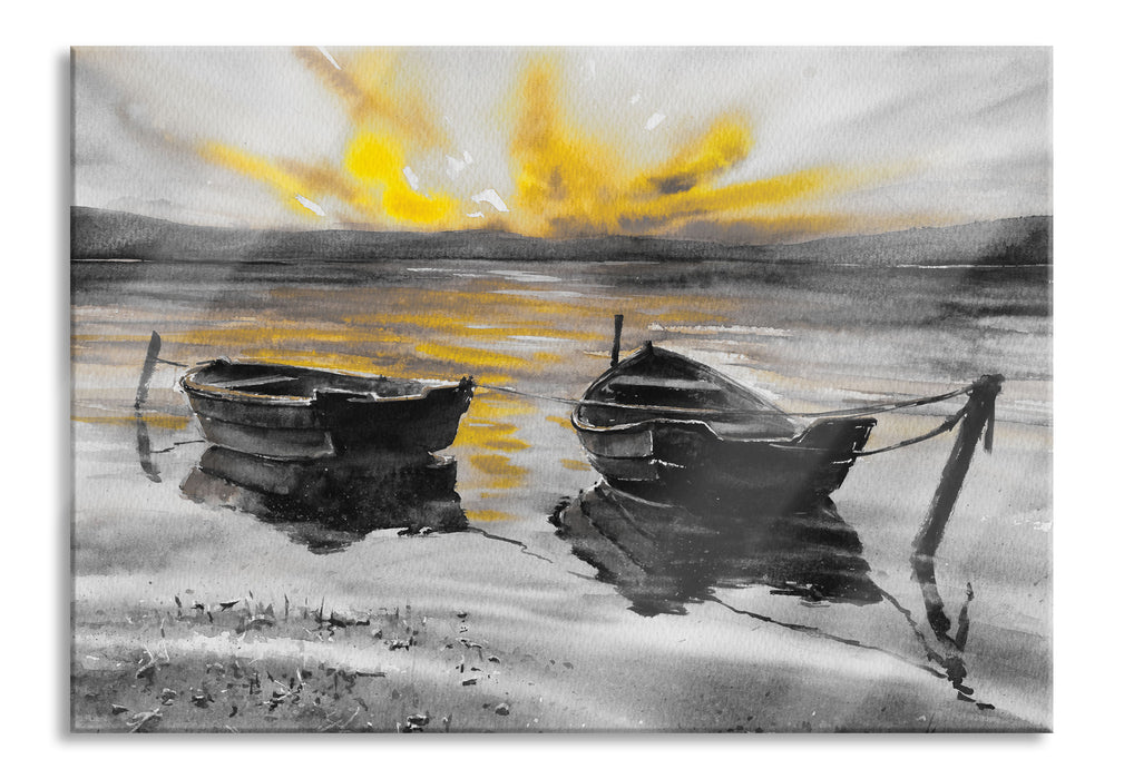 Pixxprint Zwei angeleinte Boote bei Sonnenuntergang B&W Detail, Glasbild