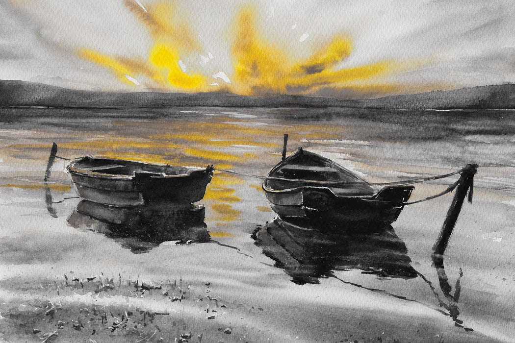 Zwei angeleinte Boote bei Sonnenuntergang B&W Detail, Glasbild