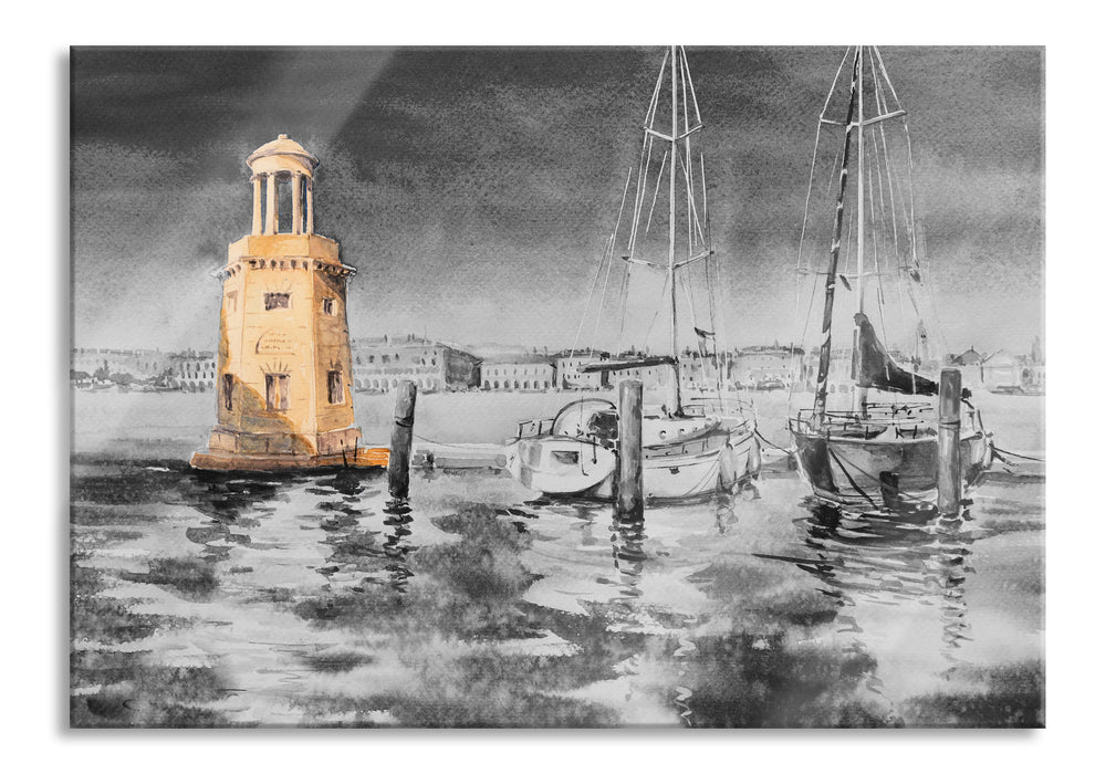 Segelschiffe im Hafen Venedigs B&W Detail, Glasbild