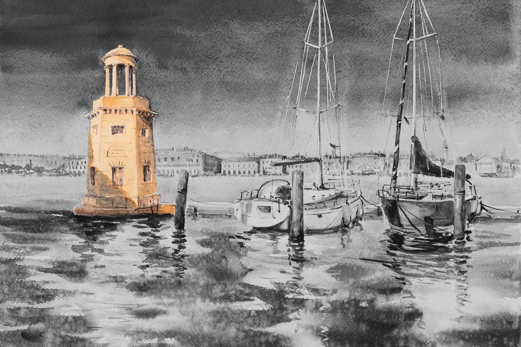Segelschiffe im Hafen Venedigs B&W Detail, Glasbild