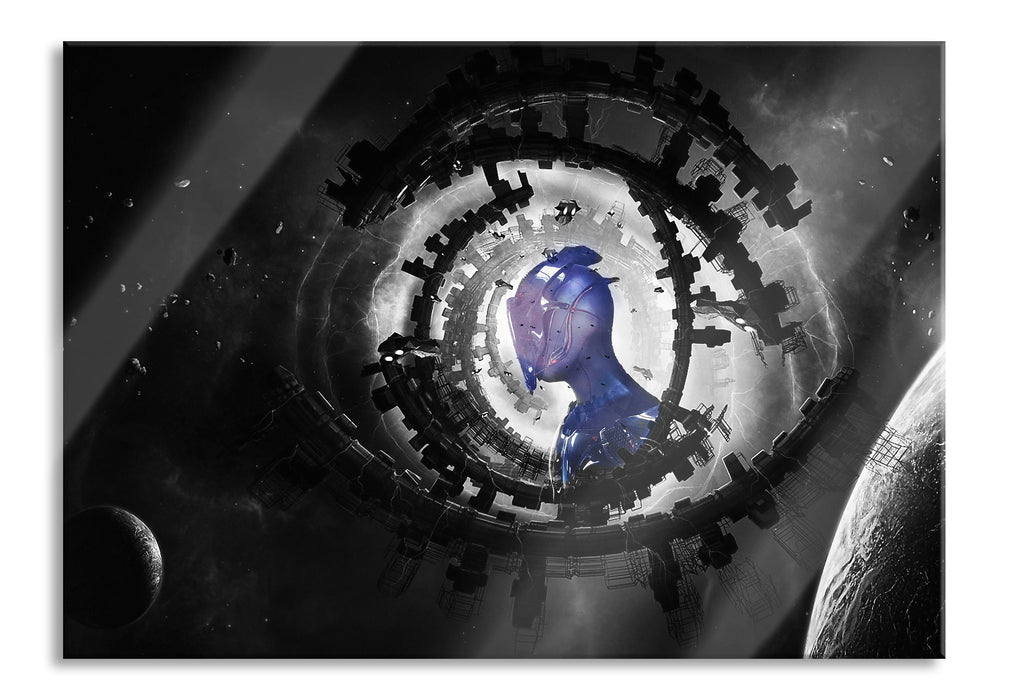 Abstraktes Auge mit Alien im Weltraum B&W Detail, Glasbild