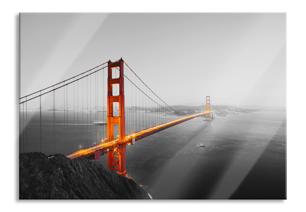 Golden Gate Bridge in der Abenddämmerung B&W Detail, Glasbild