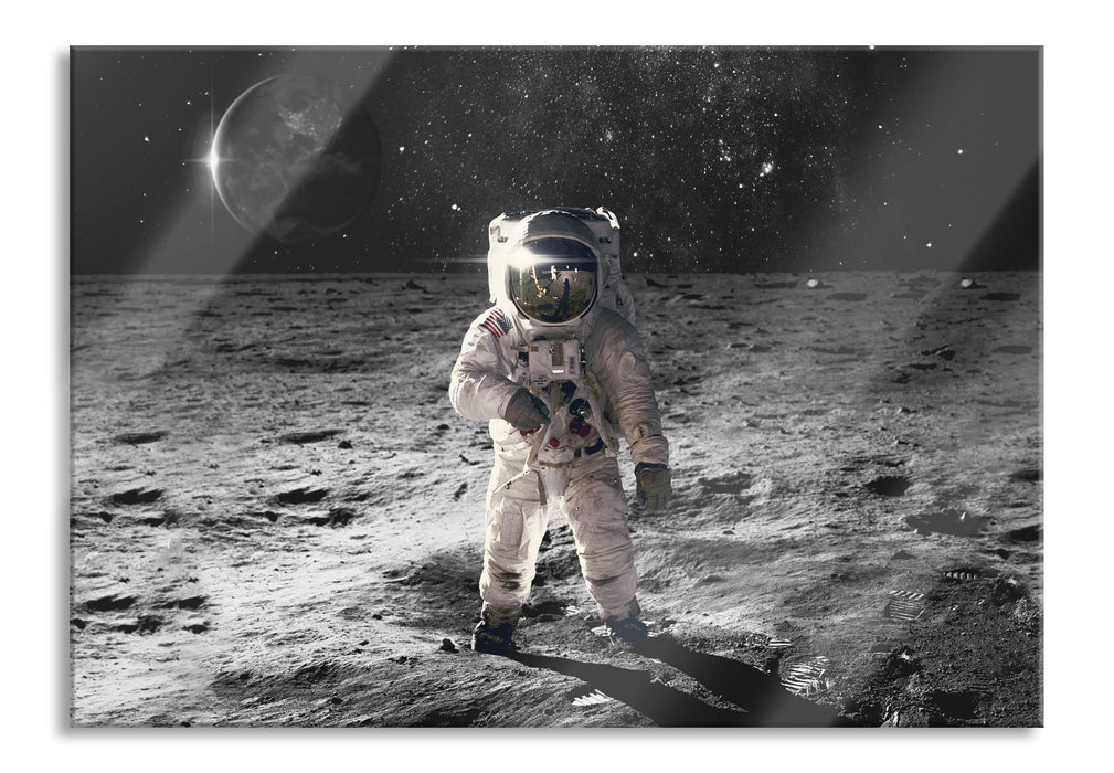 Pixxprint Einsamer Astronaut auf dem Mond B&W Detail, Glasbild