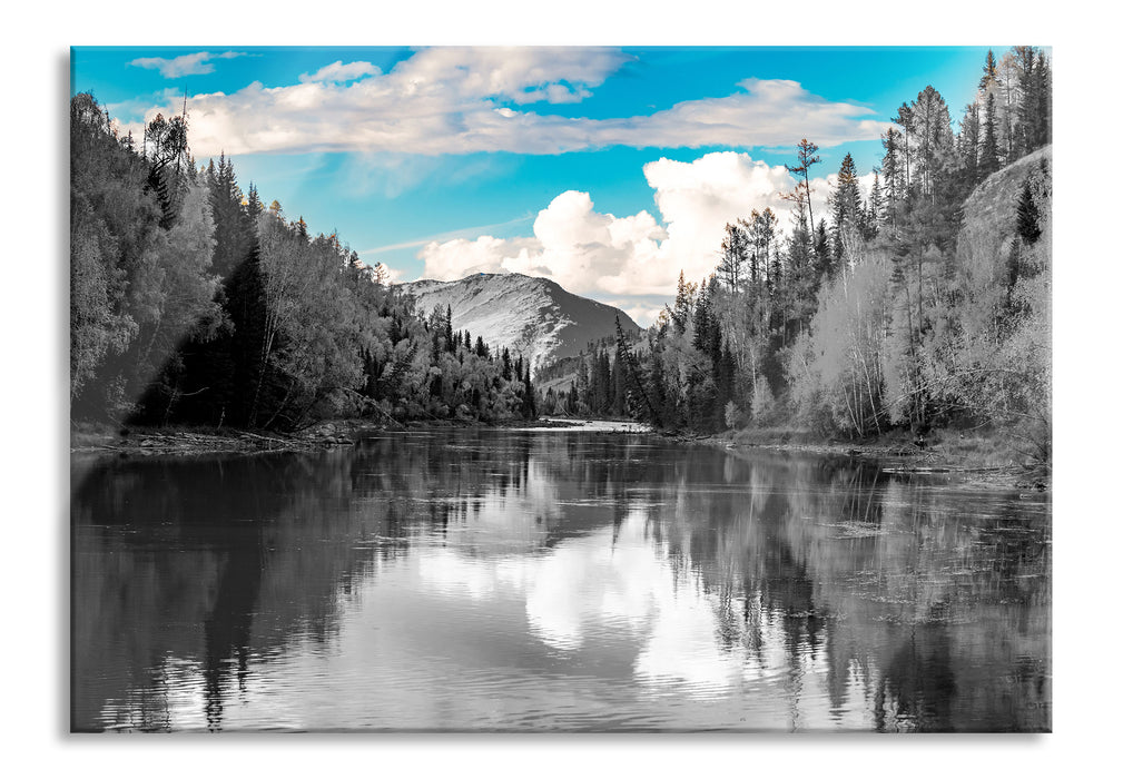 Pixxprint Bergsee mit Herbstwald B&W Detail, Glasbild