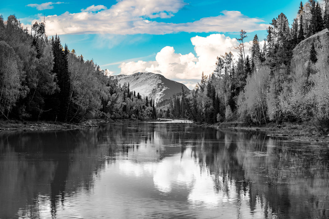 Bergsee mit Herbstwald B&W Detail, Glasbild