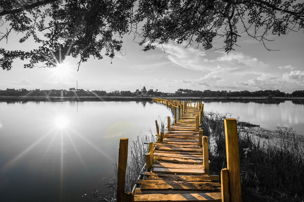 Holzbrücke über Natursee im Sommer B&W Detail, Glasbild