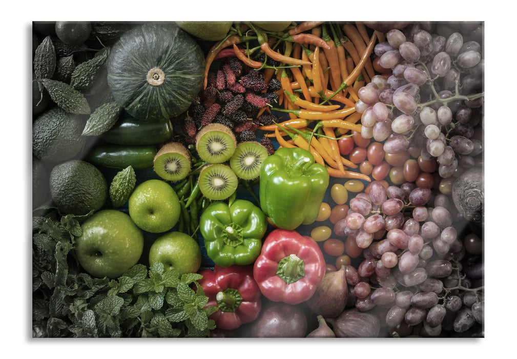 Pixxprint Verschiedene bunte Früchte von oben B&W Detail, Glasbild