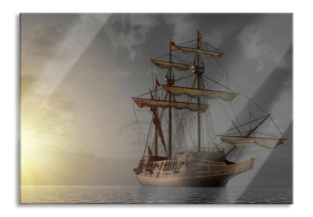 Großes Segelschiff im Sonnenuntergang B&W Detail, Glasbild