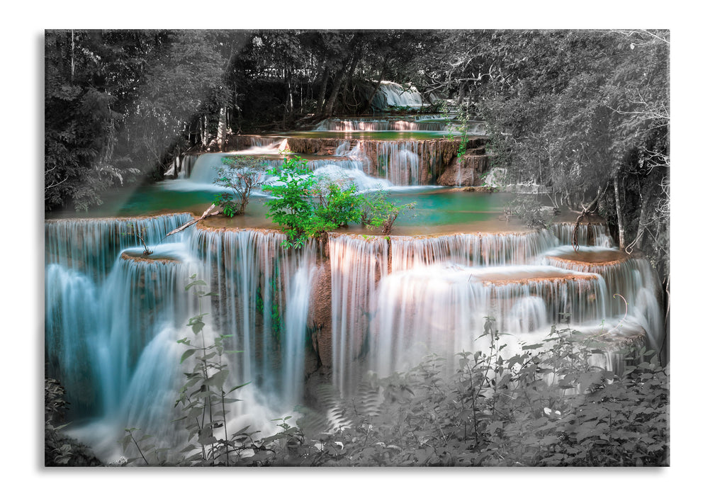 Türkise Wasserfälle in Thailand B&W Detail, Glasbild