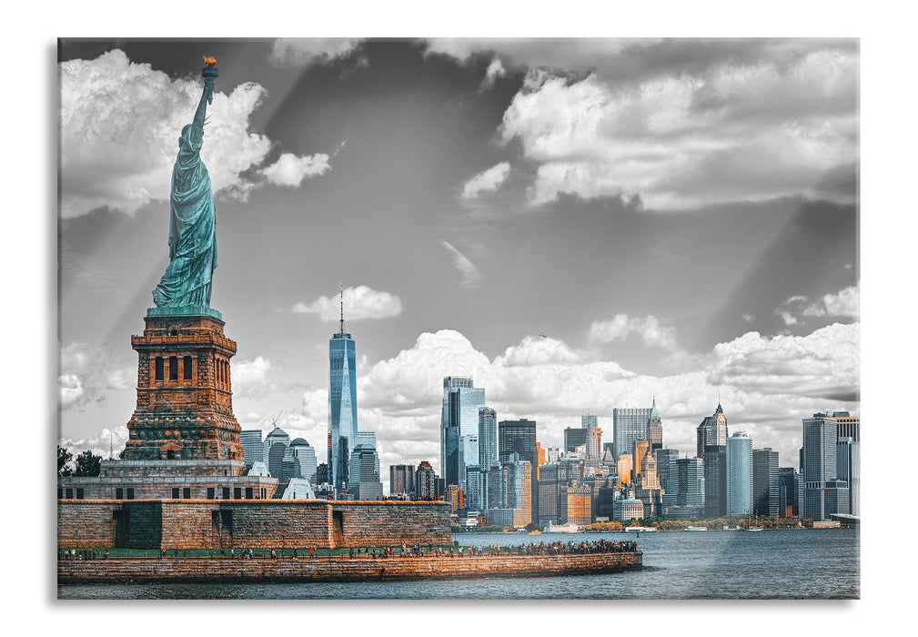 Pixxprint Freiheitsstatue mit New Yorker Skyline B&W Detail, Glasbild