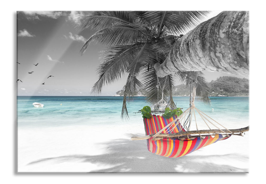 Pixxprint Bunte Hängematte am Traumstrand B&W Detail, Glasbild