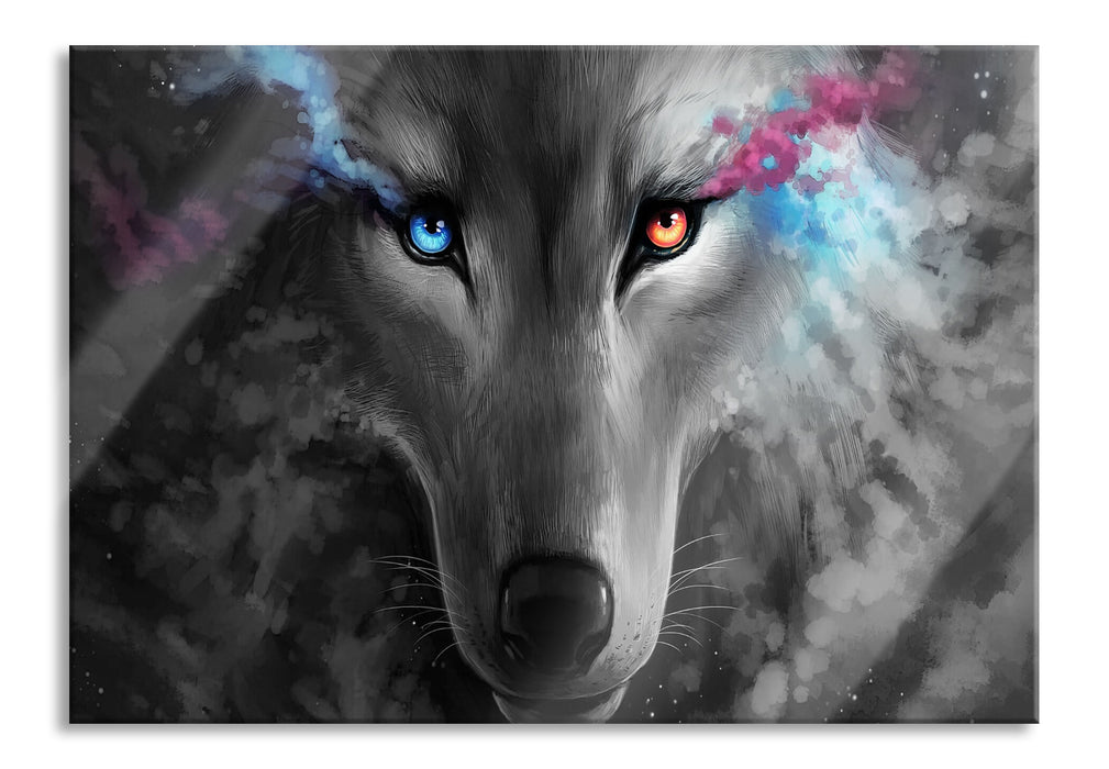 Abstrakter Wolf mit rauchenden Augen B&W Detail, Glasbild