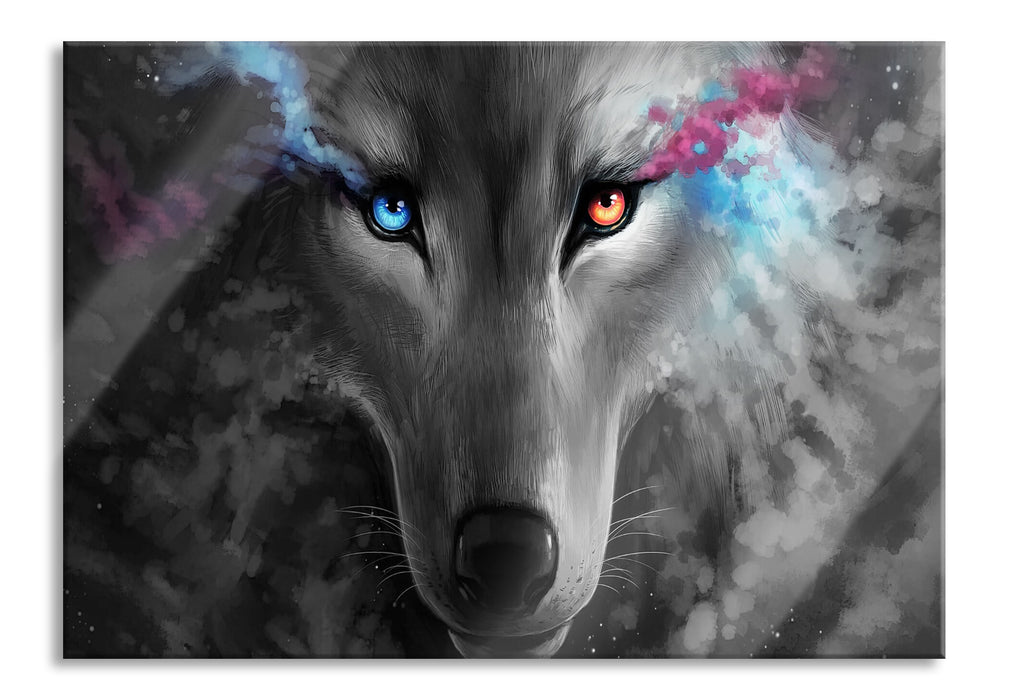 Pixxprint Abstrakter Wolf mit rauchenden Augen B&W Detail, Glasbild