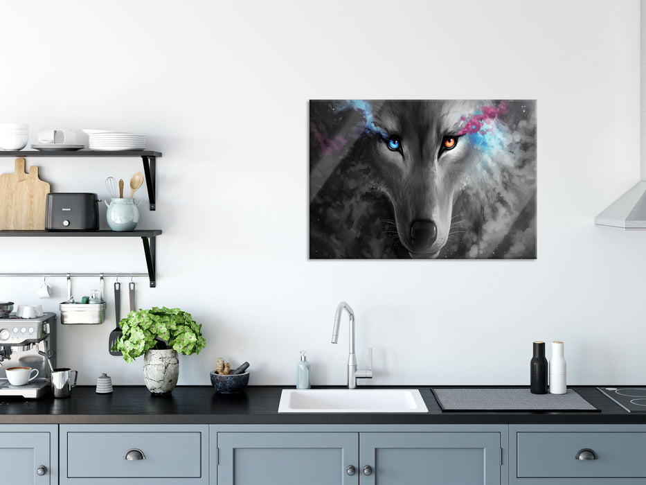 Abstrakter Wolf mit rauchenden Augen B&W Detail, Glasbild