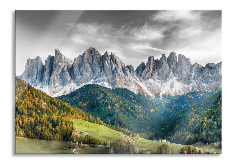 Pixxprint Bunte Waldlandschaft vor den Dolomiten B&W Detail, Glasbild