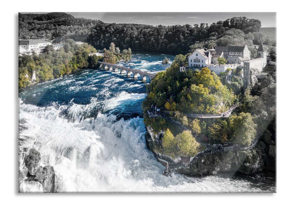 Pixxprint Panorama vom Rheinfall in der Schweiz B&W Detail, Glasbild