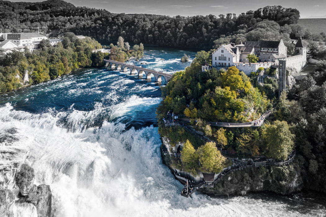 Panorama vom Rheinfall in der Schweiz B&W Detail, Glasbild