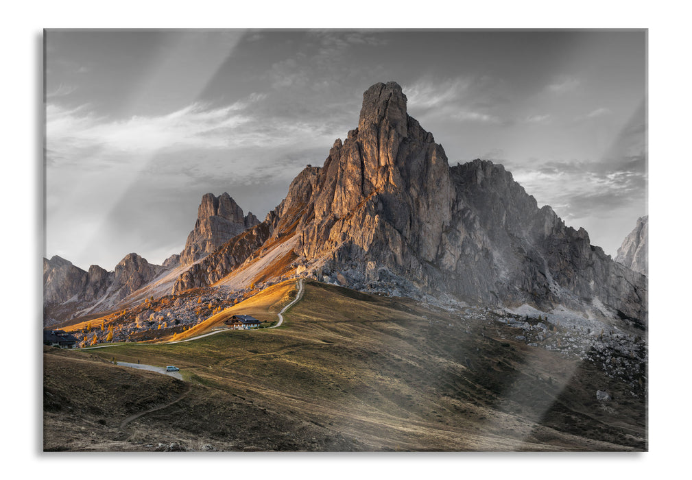 Pixxprint Dolomiten im Sonnenuntergang B&W Detail, Glasbild