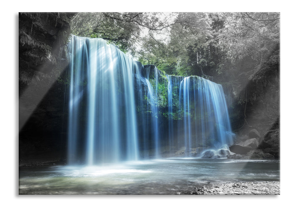 Pixxprint Tropischer Wasserfall im Wald B&W Detail, Glasbild