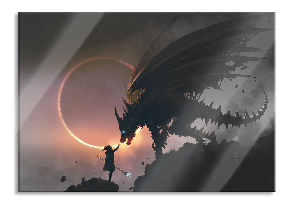 Pixxprint Zauberer und Drache bei Sonnenfinsternis B&W Detail, Glasbild