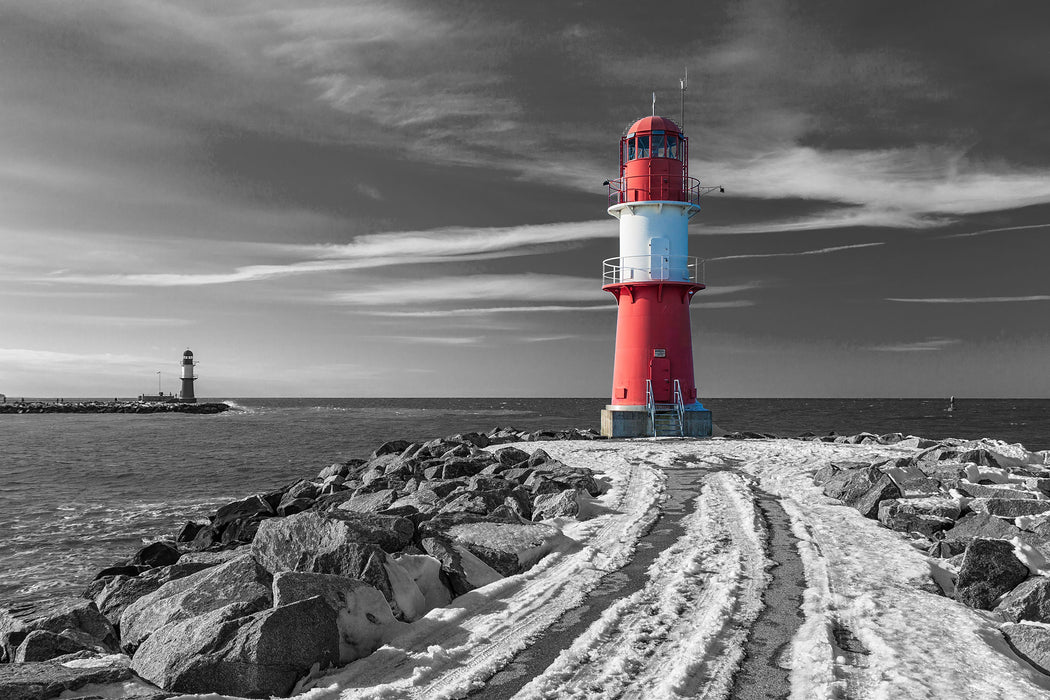 Molentürme in Warnemünde im Winter B&W Detail, Glasbild