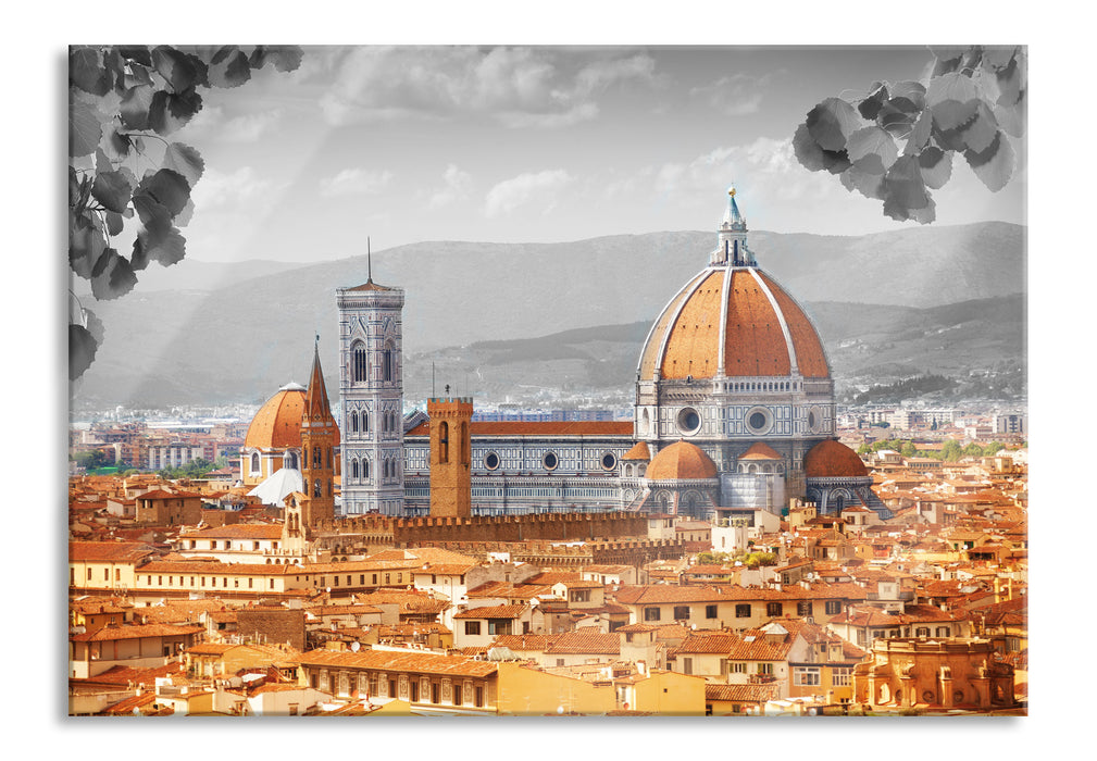 Pixxprint Hausdächer und Kirche in Florenz B&W Detail, Glasbild