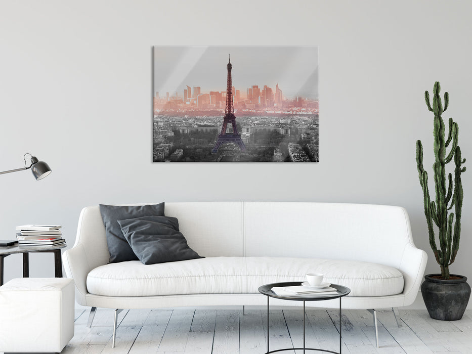 Panorama Eiffelturm bei Sonnenuntergang B&W Detail, Glasbild