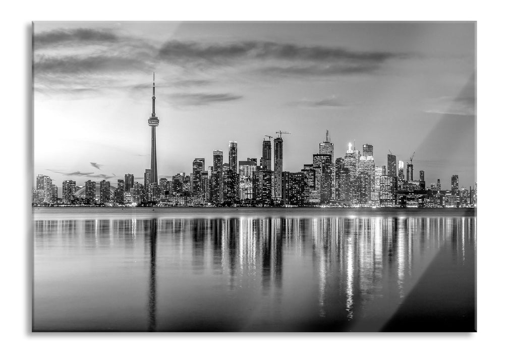 Skyline Toronto in der Abenddämmerung, Monochrome, Glasbild