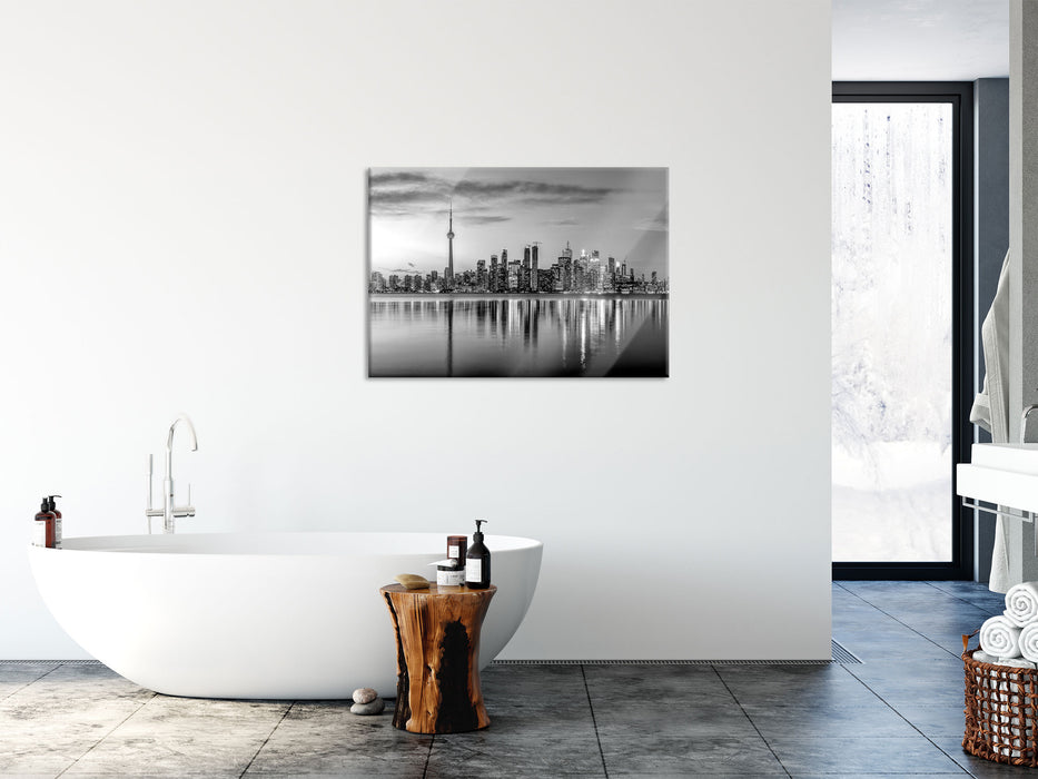 Skyline Toronto in der Abenddämmerung, Monochrome, Glasbild