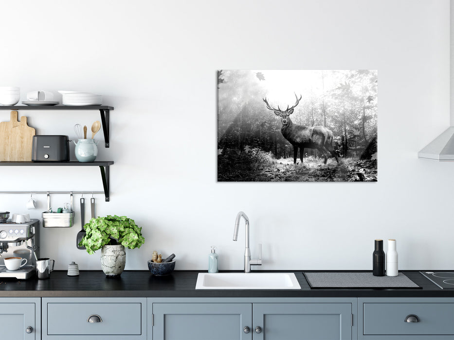 Hirsch im Wald mit fallenden Blättern, Monochrome, Glasbild