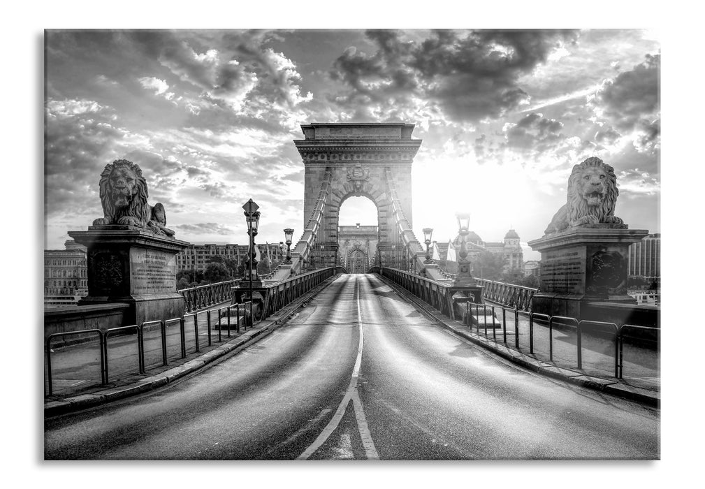 Pixxprint Brücke in Budapest bei Sonnenuntergang, Monochrome, Glasbild