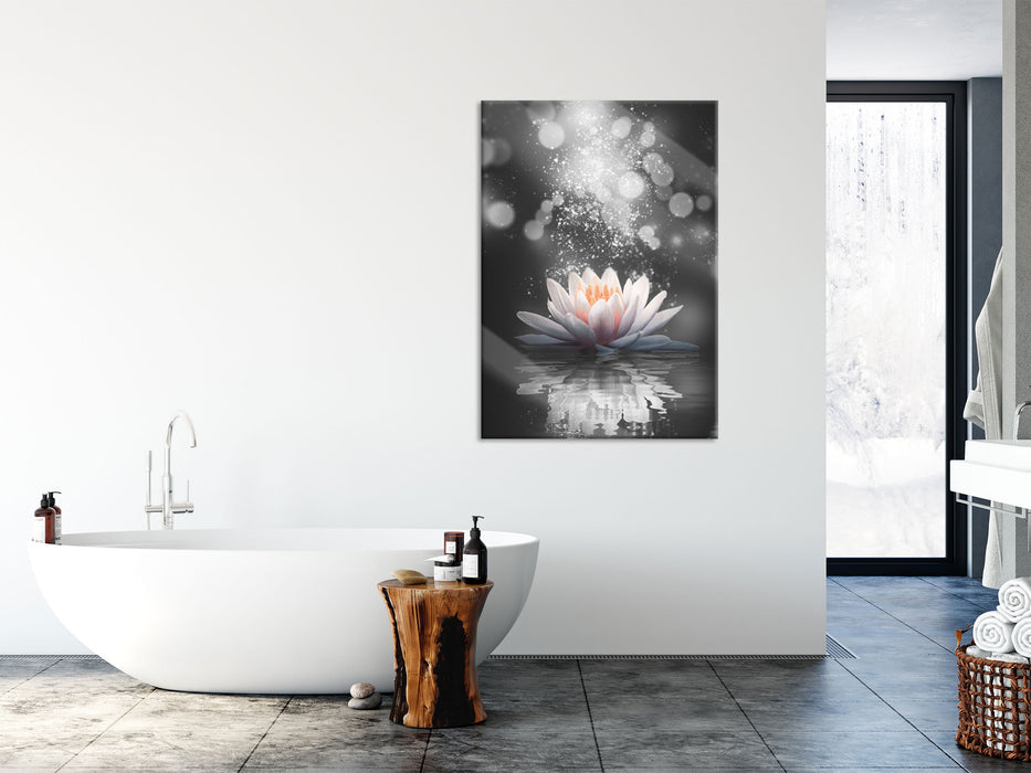 Magische Lotusblüte mit Glitzerstaub B&W Detail, Glasbild
