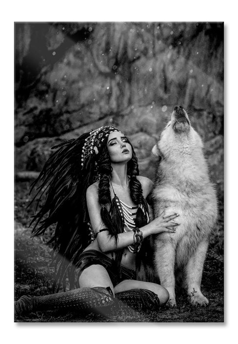 Indianische Frau und heulender Wolfshund, Monochrome, Glasbild