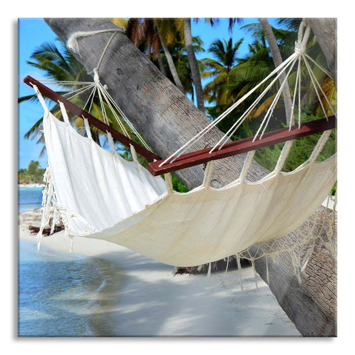 Pixxprint Gemütliche Hängematte am Strand, Glasbild Quadratisch