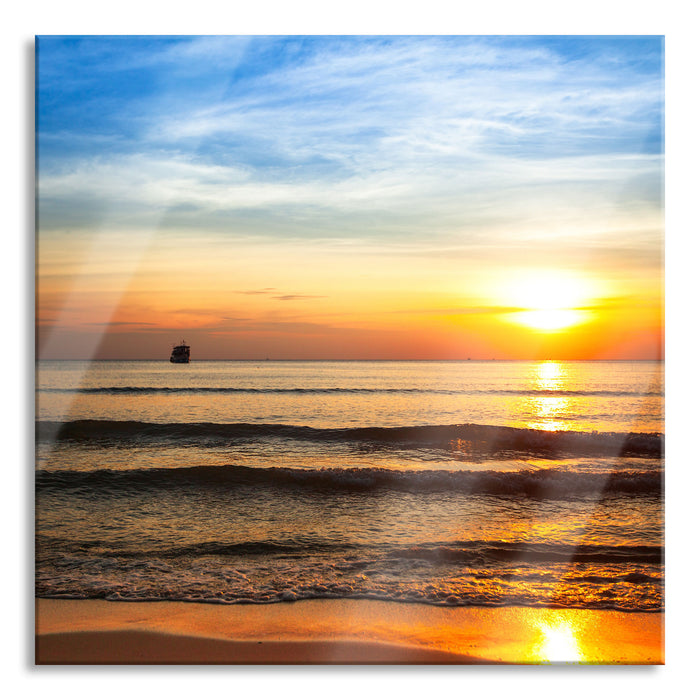 Strand Sonnenuntergang wunderschön, Glasbild Quadratisch