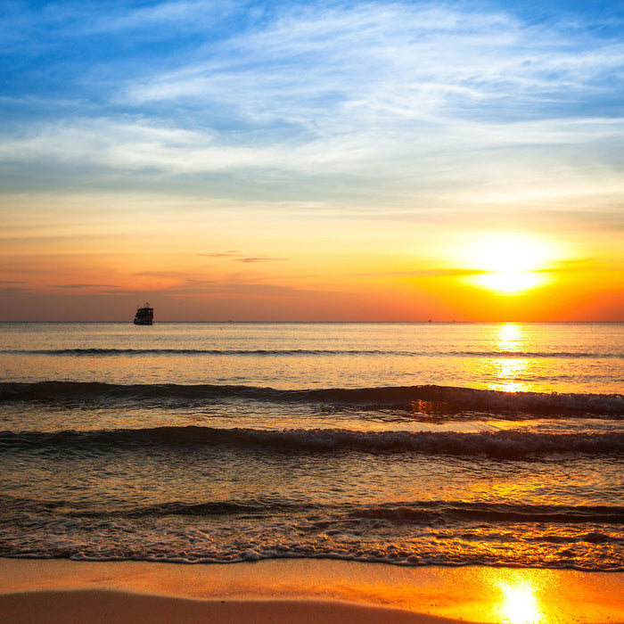 Strand Sonnenuntergang wunderschön, Glasbild Quadratisch