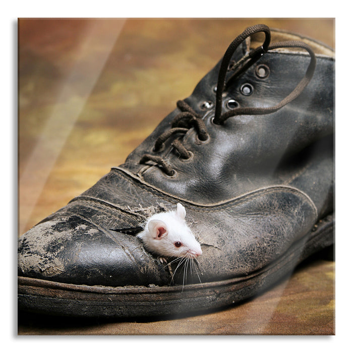 Pixxprint Maus in schwarzem Schuh, Glasbild Quadratisch