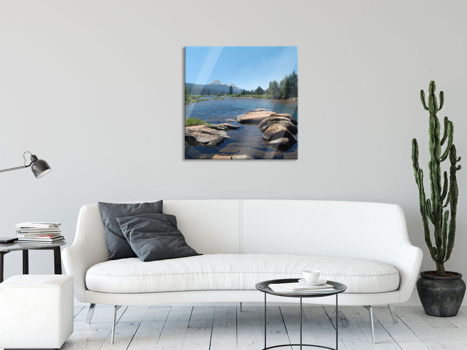 Fluss in Yosemite National Park, Glasbild Quadratisch