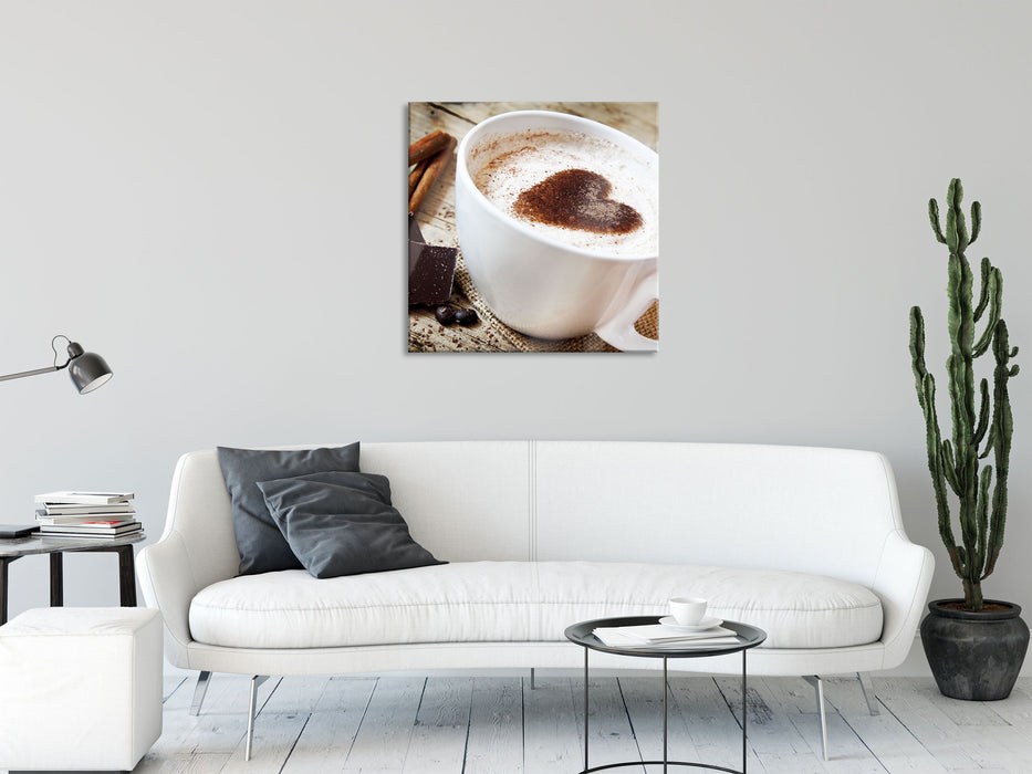 Tasse Kaffee mit Schokolade, Glasbild Quadratisch