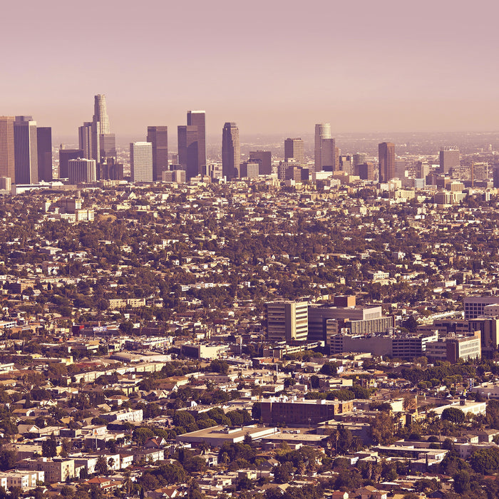 Skyline von Los Angeles, Glasbild Quadratisch