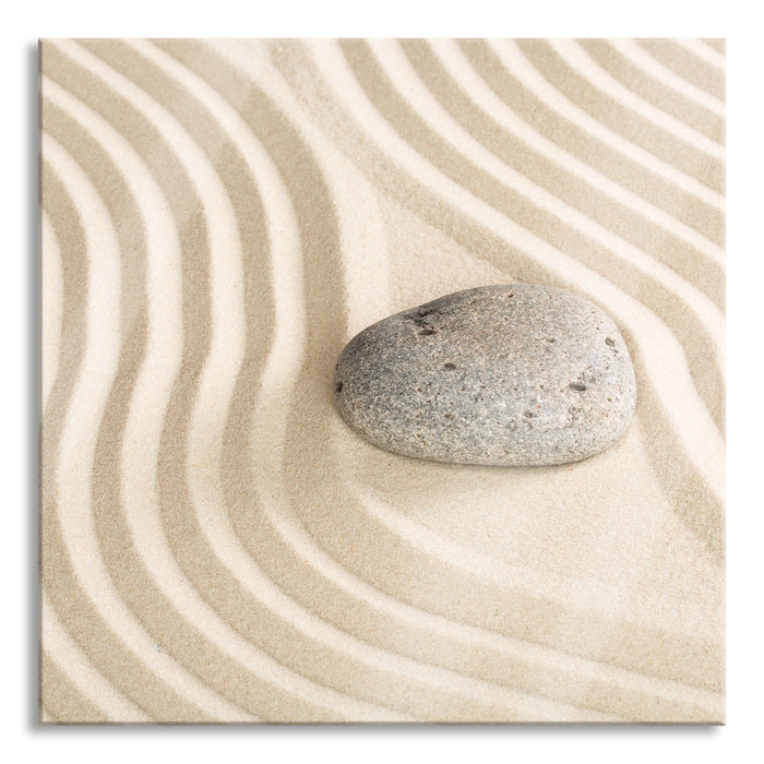 Steine in Sand mit Muster, Glasbild Quadratisch